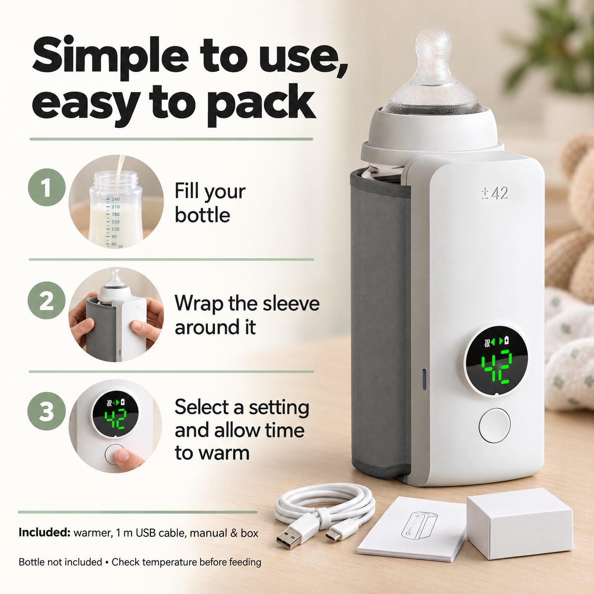 Instruction-style graphic showing a bottle, a grey-sleeved warmer and a close-up of the front control area.