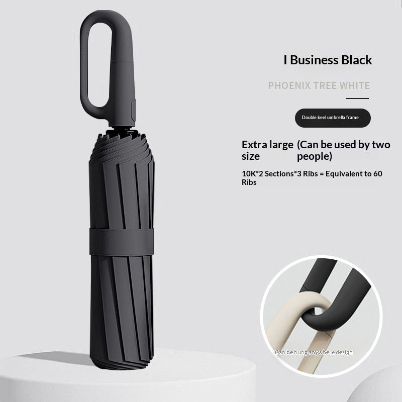 Closed folding umbrella with ring handle and close-up handle detail