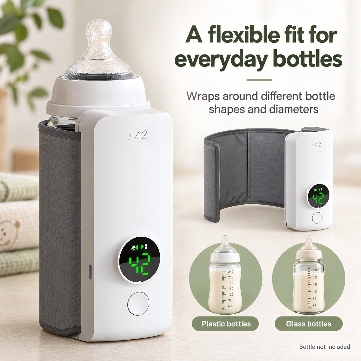 Bottle warmer and grey sleeve shown alongside two bottle examples in circular insets.