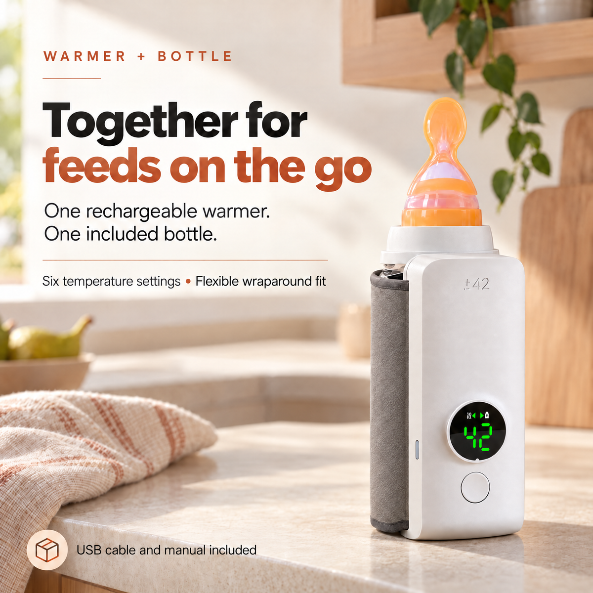 White bottle warmer with a grey sleeve wrapped around a bottle with an orange top, shown on a countertop.