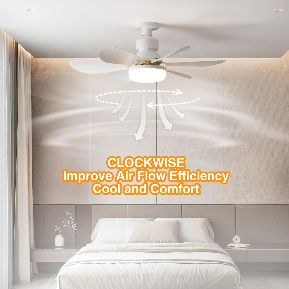 White ceiling fan light above a bed with clockwise airflow arrows shown