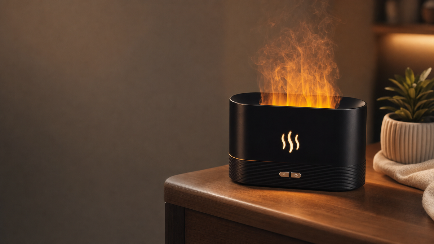 Aroma Diffuser With Flame Light Mist Humidifier Aromatherapy Diffuser With Waterless Auto-Off Protection For Spa Home Yoga Office lifestyle banner (desktop)