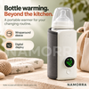 Portable bottle warmer with grey wraparound sleeve around a capped bottle
