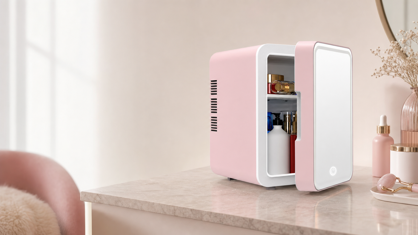Pink LED Skincare Fridge with Mirror lifestyle banner (desktop)