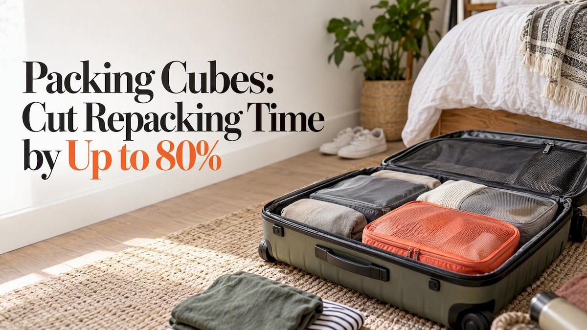 Packing cubes organize clothes inside an open suitcase