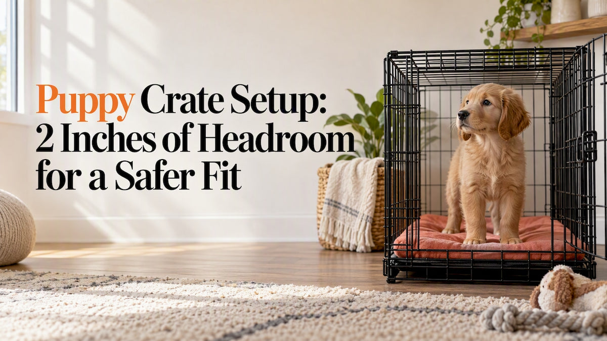 Puppy standing beneath crate roof