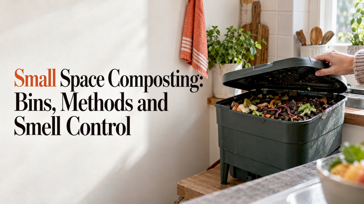 Compact indoor worm bin beside kitchen counter
