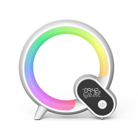White Q Light clock with rainbow light ring, front view