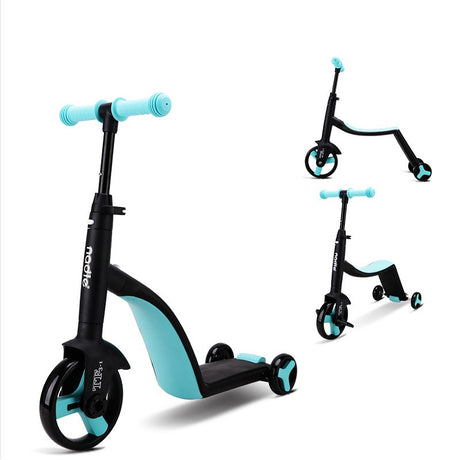 Black and blue three-wheel scooter shown from front and side angles