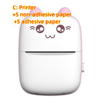 Pink mini printer with text listing five non-adhesive and five adhesive paper rolls