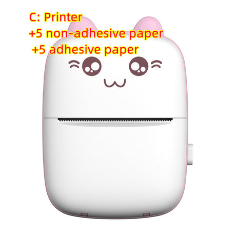Pink mini printer with text listing five non-adhesive and five adhesive paper rolls