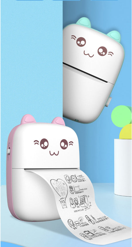 Pink printer printing illustrated paper, with a blue version shown above