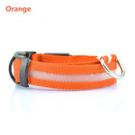 Orange LED dog collar side view with black buckle and metal ring