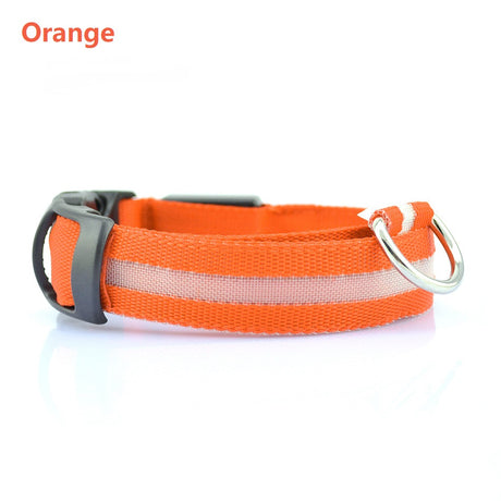 Orange LED dog collar side view with black buckle and metal ring