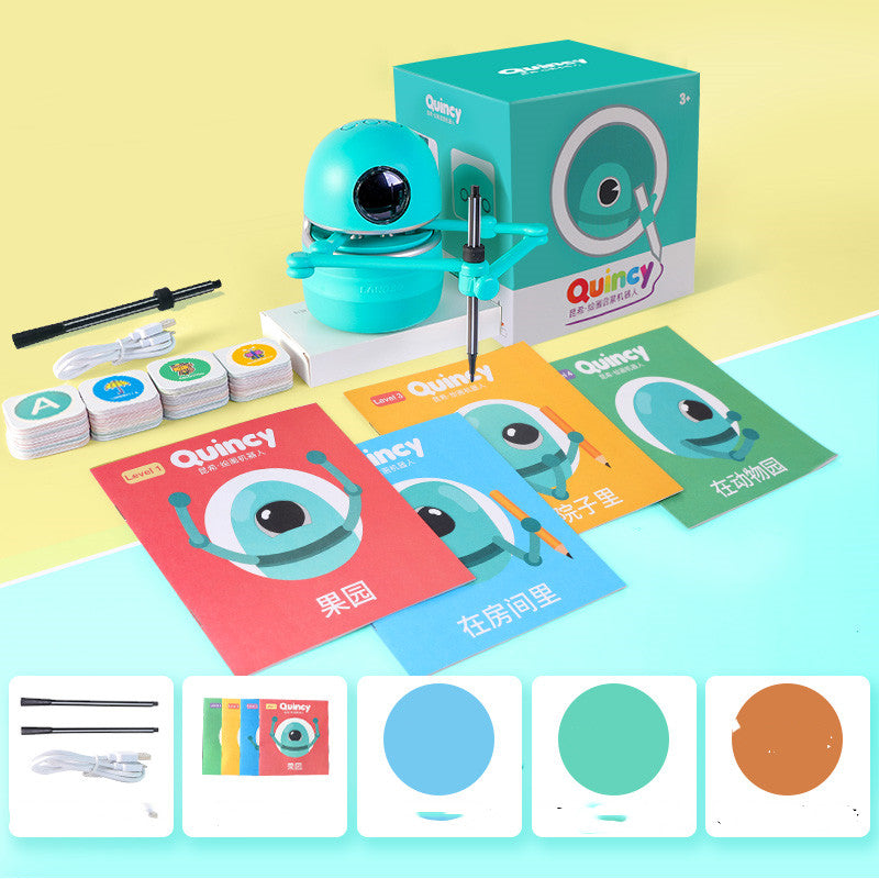 Kids’ Drawing Robot displayed with box, books, cards, cable and pens