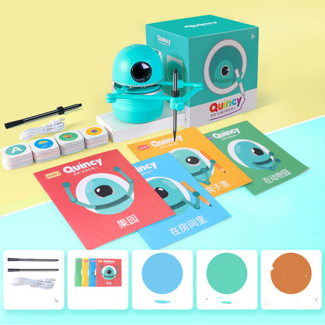 Kids’ Drawing Robot displayed with box, books, cards, cable and pens