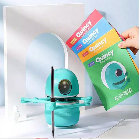 Turquoise drawing robot beside four Quincy activity books held by a hand