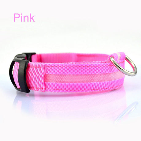 Pink LED dog collar side view with black buckle and metal ring