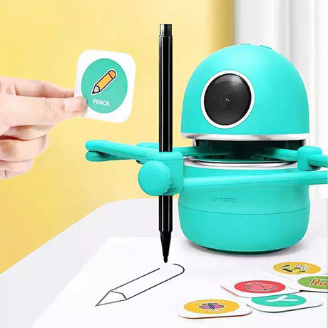 Turquoise drawing robot drawing a pencil outline beside a hand holding a pencil card