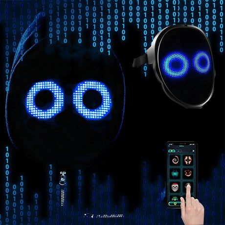 Hooded wearer with blue ring eye mask, phone app and binary-style background