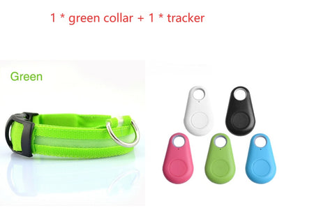 Green LED dog collar beside five tracker colour options