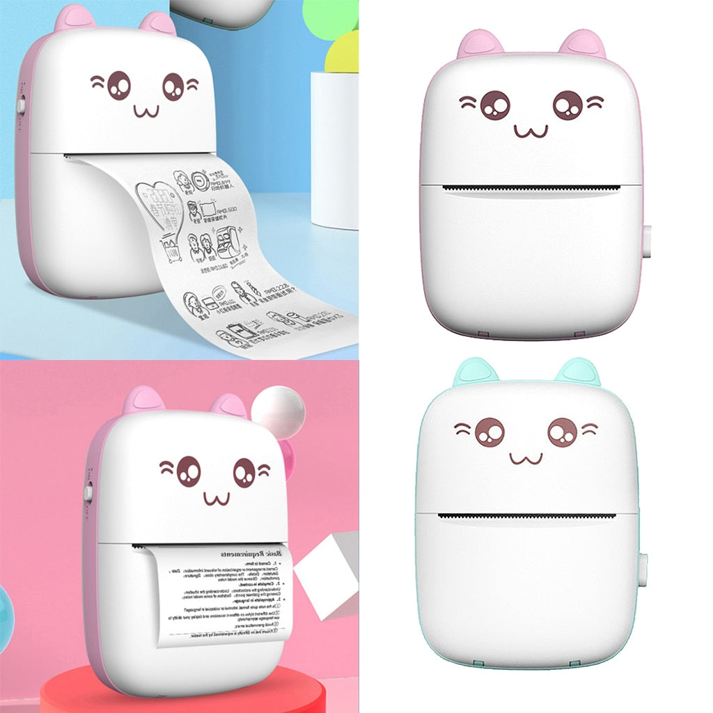 Collage showing pink and blue mini printers, front views and printing examples