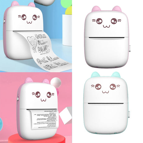 Collage showing pink and blue mini printers, front views and printing examples