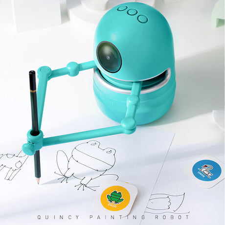 Turquoise Kids’ Drawing Robot holding a pencil over animal drawing sheets