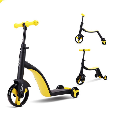Black and yellow three-wheel scooter shown from front and side angles