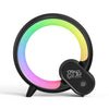 Black Q Light clock with rainbow light ring, front view