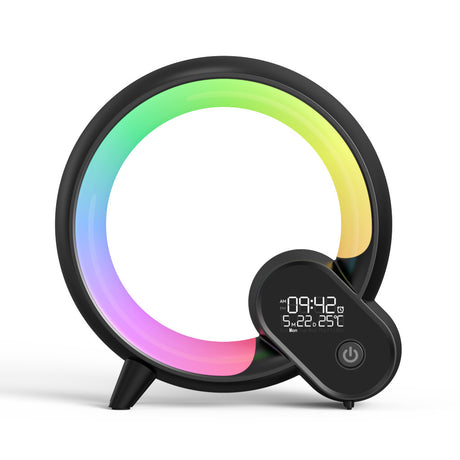 Black Q Light clock with rainbow light ring, front view