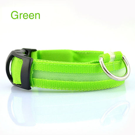 Green LED dog collar side view with black buckle and metal ring
