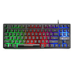 Front view of black mechanical keyboard with rainbow backlit keys and cable
