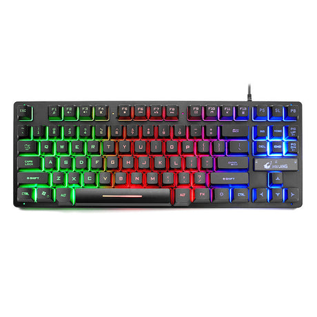 Front view of black mechanical keyboard with rainbow backlit keys and cable