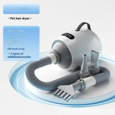 Smart Pet Hair Dryer for Dogs with grey hose, three nozzles and feature panel