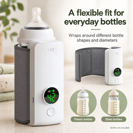 Bottle warmer and grey sleeve shown alongside two bottle examples in circular insets.