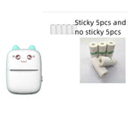 Blue mini printer beside paper rolls with text: Sticky 5pcs and no sticky 5pcs