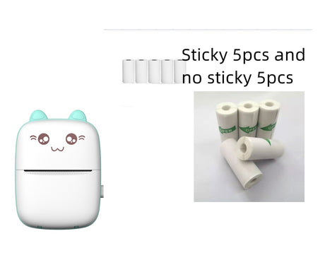 Blue mini printer beside paper rolls with text: Sticky 5pcs and no sticky 5pcs