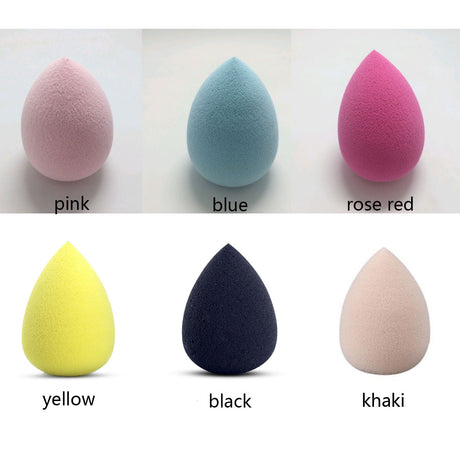 Colour chart of teardrop sponges labelled pink, blue, rose red, yellow, black and khaki