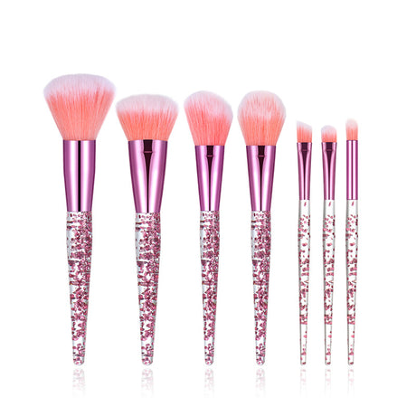 7-Piece Makeup Brush Set with pink glitter handles and coral-tipped bristles
