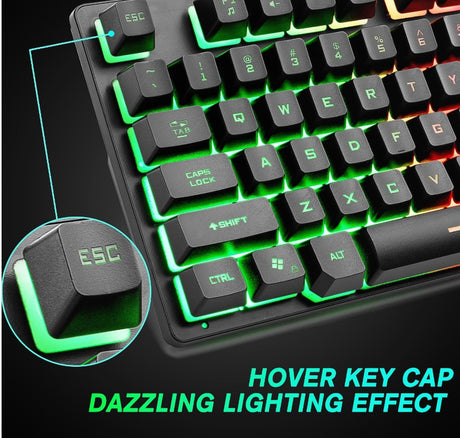 Close-up of green backlit keys with inset Esc key and lighting effect text