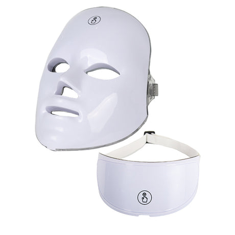 White face mask and matching neck device with visible straps on white background