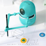 Turquoise Kids’ Drawing Robot holding a pencil over animal drawing sheets
