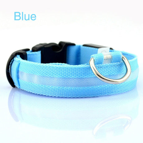 Blue LED dog collar side view with black buckle and metal ring