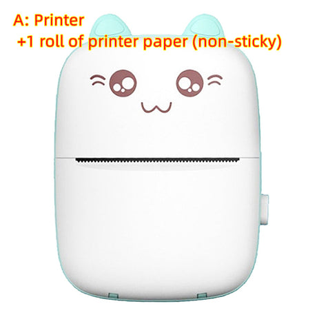Blue mini printer with text: Printer plus one non-sticky paper roll