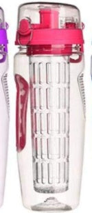 Clear infuser water bottle with pink lid and matching side grip