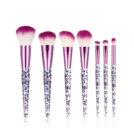7-Piece Makeup Brush Set with purple glitter handles and magenta-tipped bristles