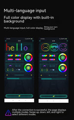 App screens with multicolour hello text, emoji designs and colour controls