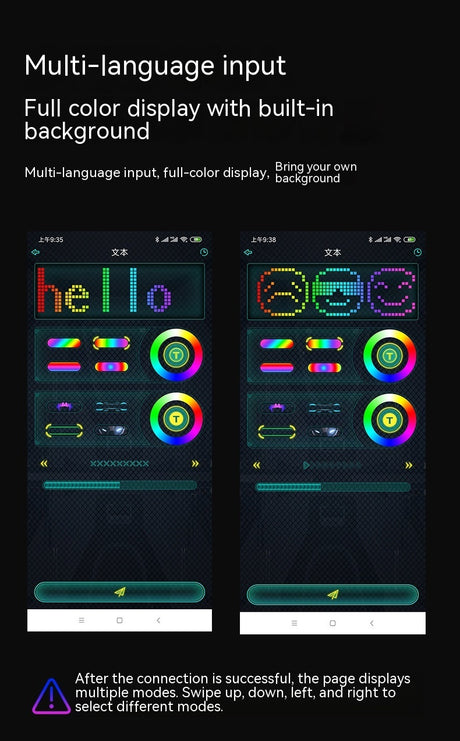 App screens with multicolour hello text, emoji designs and colour controls