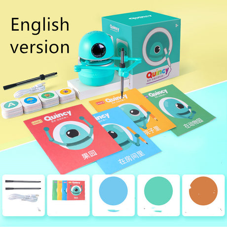 English version Kids’ Drawing Robot display with box, books, cards, cable and pens